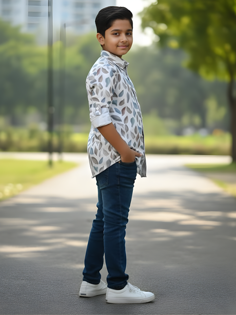 Boys White Mosaic Leaf Print Cotton Casual Shirt