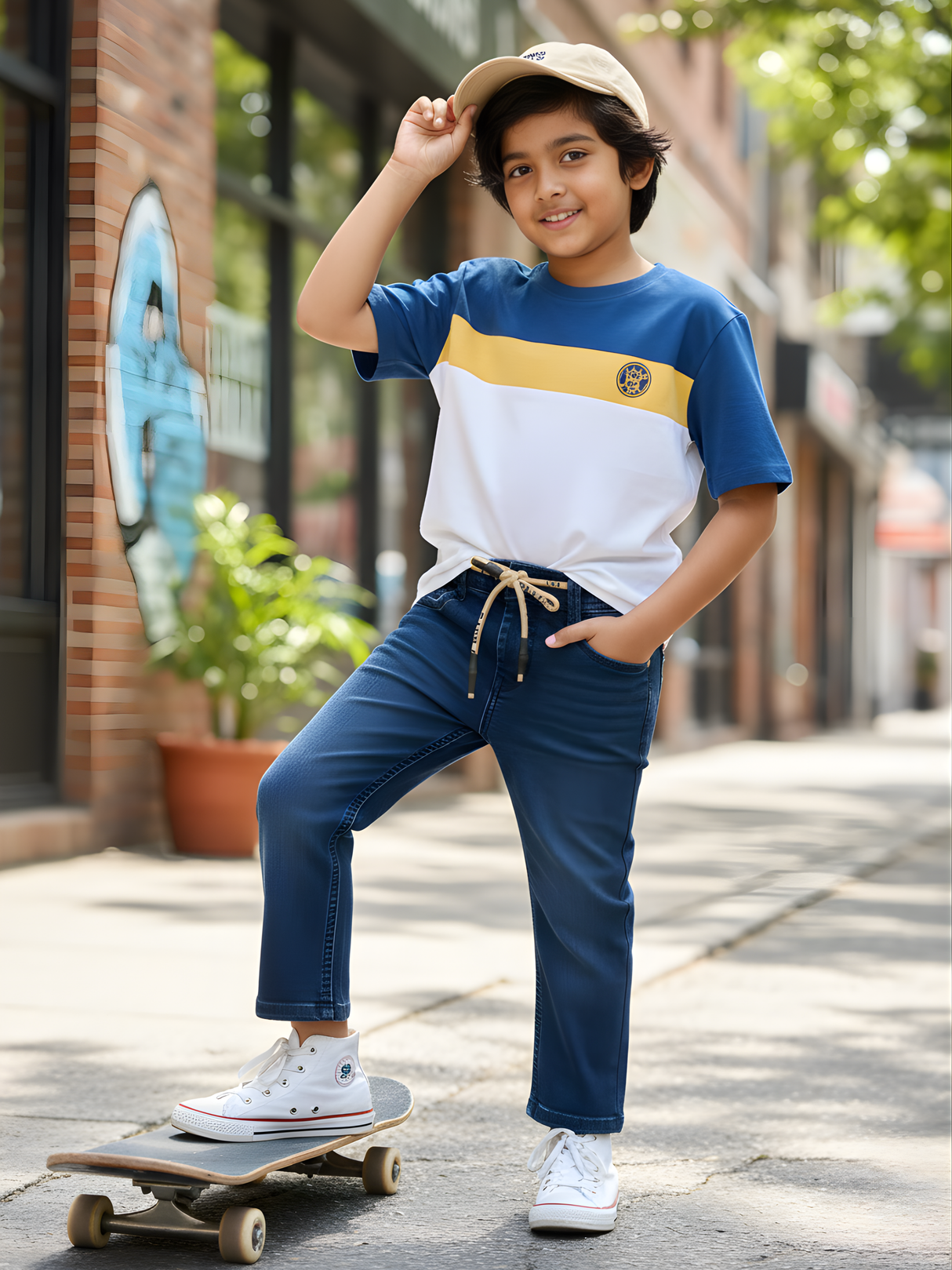 Toddler Boys' Navy Blue Pull-On Jeans with Branded Drawstring.