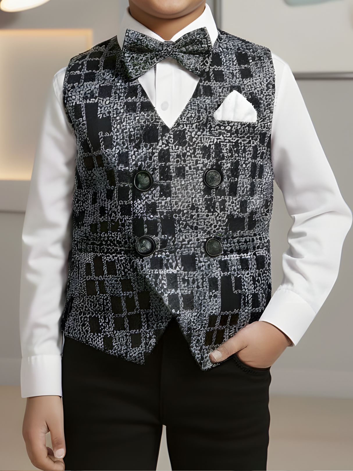 Boys' Black Geometric Print Formal Waistcoat Suit with Bow Tie
