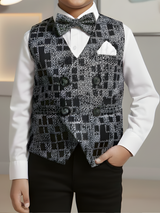 Boys' Black Geometric Print Formal Waistcoat Suit with Bow Tie