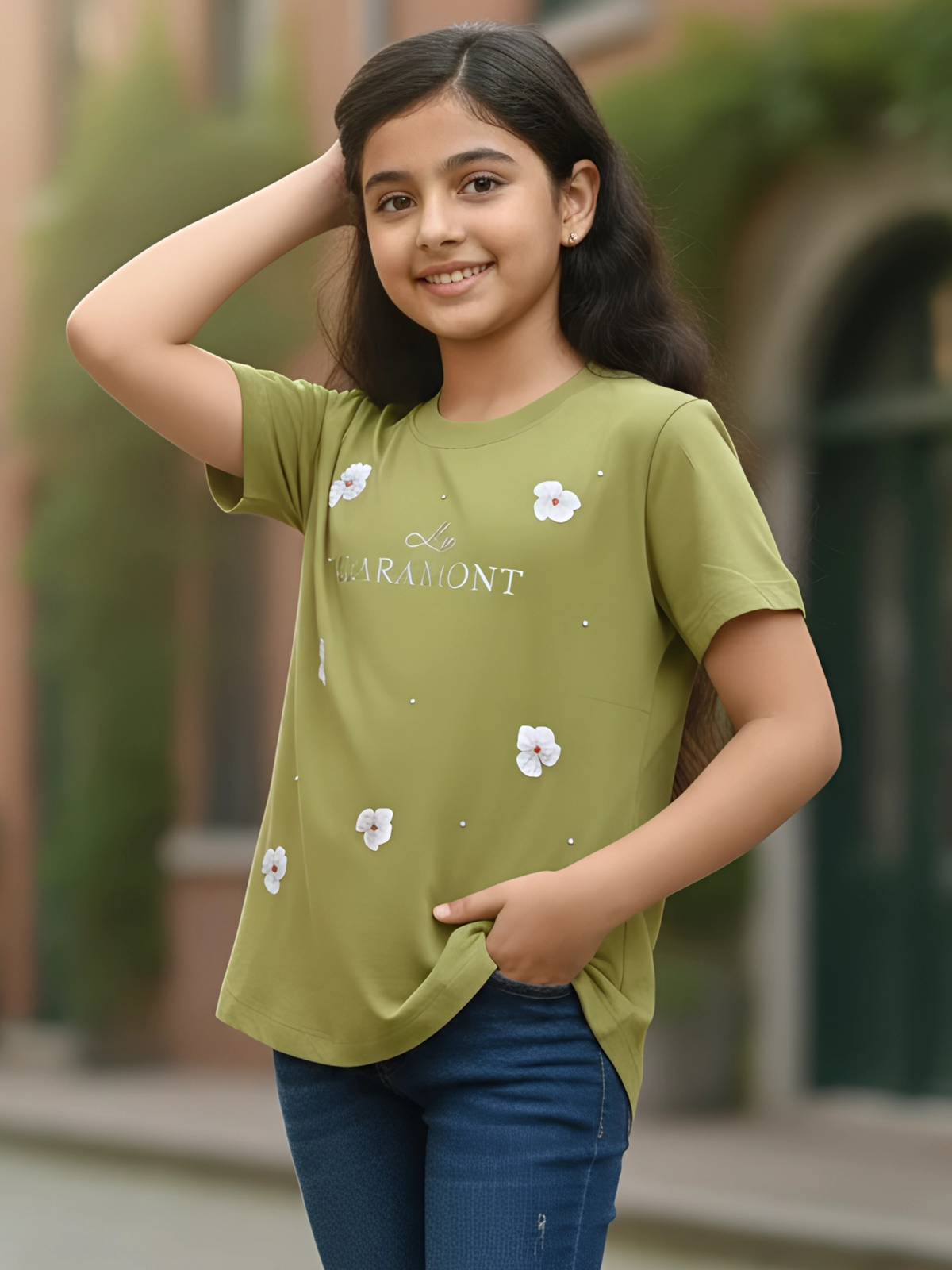 Girl's Olive Green Floral Embroidered Top