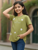 Girl's Olive Green Floral Embroidered Top