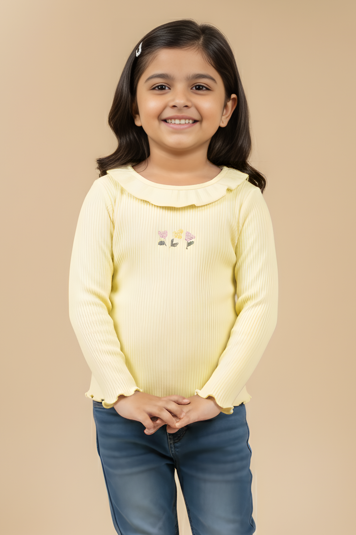Girls' Yellow  Ruffled Ribbed Long-Sleeve Embroidered Top