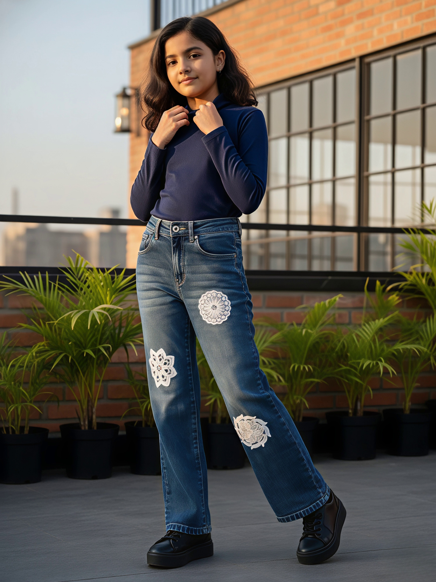 Girls' Blue Embroidered Wide-Leg Denim Jeans.
