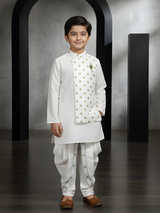 Boys' Crisp White Angrakha Kurta and Dhoti Set with Green Print