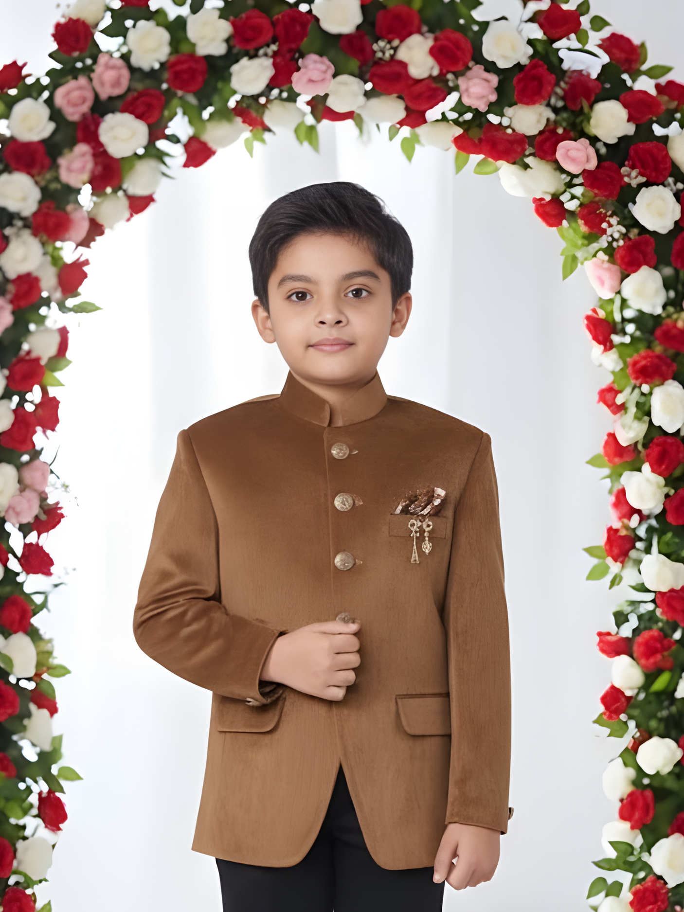 Boys' Camel Brown Velvet Jodhpuri Suit with Black Trousers