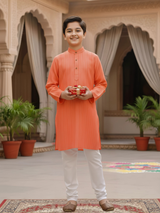 Boys Vibrant Orange Striped Kurta Set with Off-White Pajamas