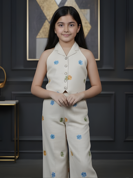Girls' Cream Floral Embroidered Halter Vest & Wide-Leg Trouser Set