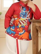 Boys Red Krishna Print Kurta Set with Dhoti