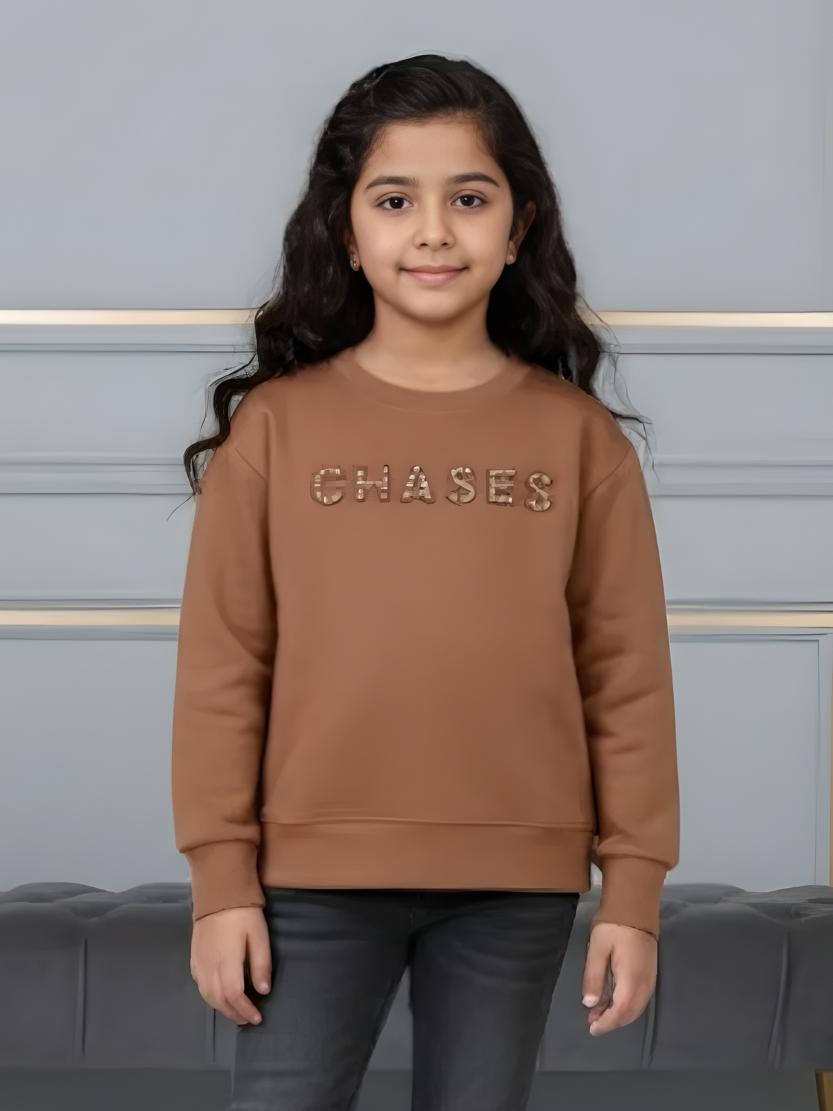 Girls' Brown "CHASES" Graphic Long Sleeve T-Shirt