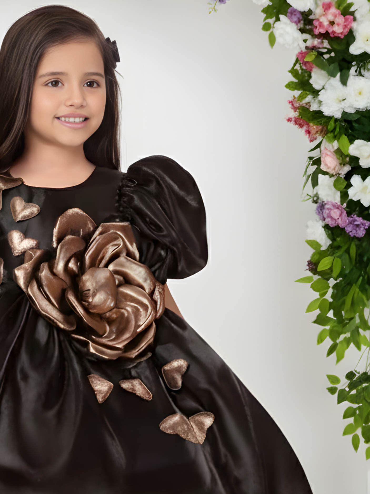 Girls' Black Satin Party Frock with Metallic Gold 3D Rose and Puffy Sleeves