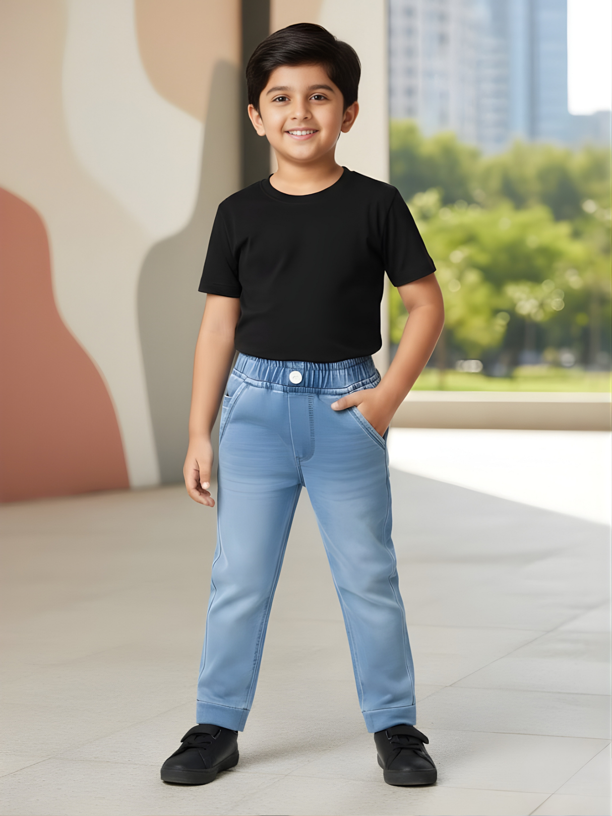 Boys' Light Blue Wash Knit Denim Pull-On Pants (Slim Fit)
