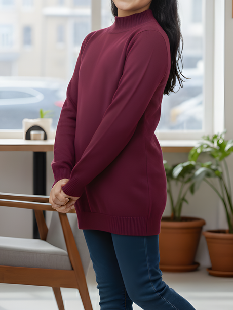 Girls' Maroon Mock Neck Knit Sweatshirt - Premium Soft Winter Wear