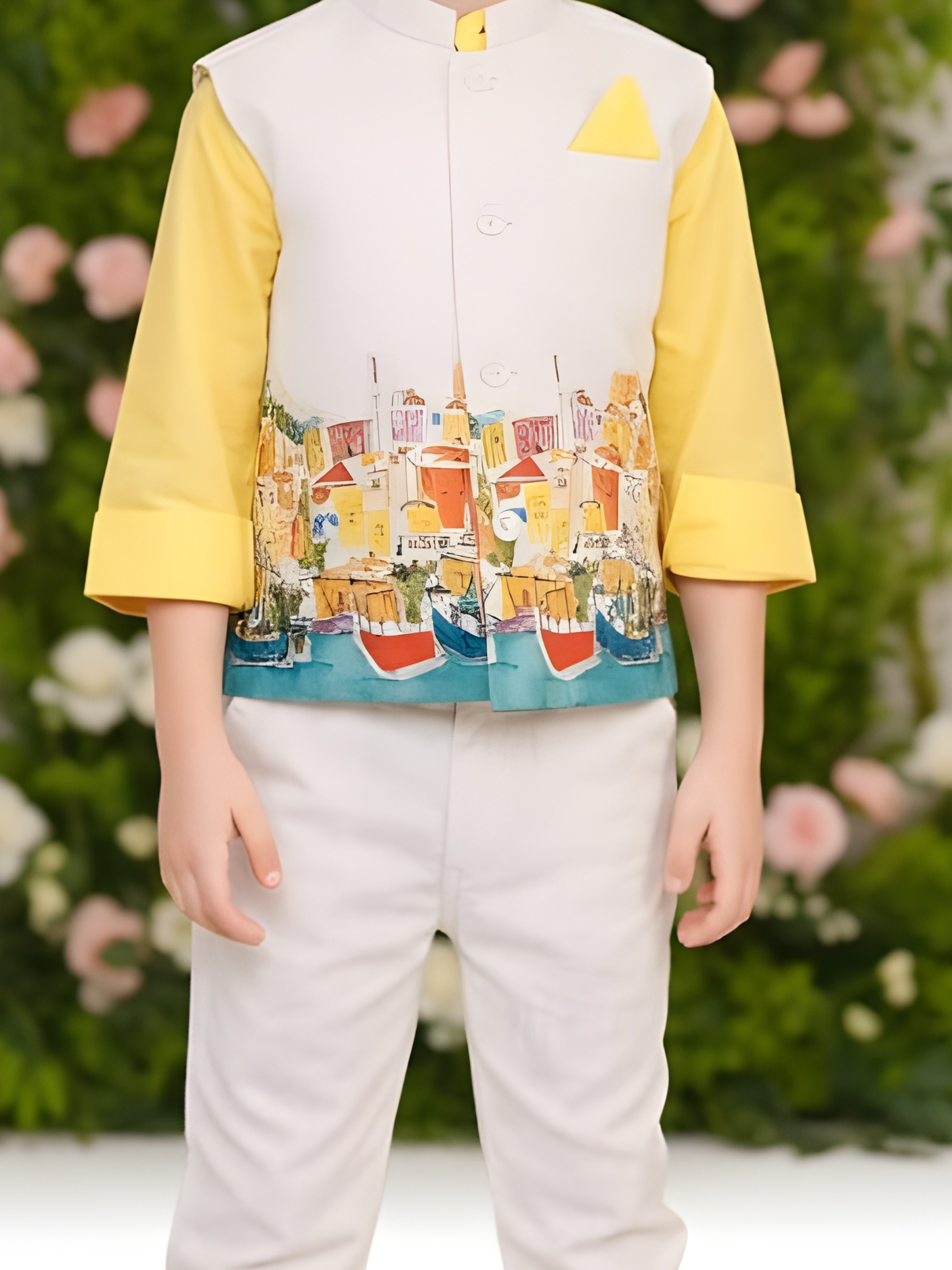 Boys' Cream Waistcoat with Boat/Cityscape Print, Yellow Kurta, and White Trousers Set