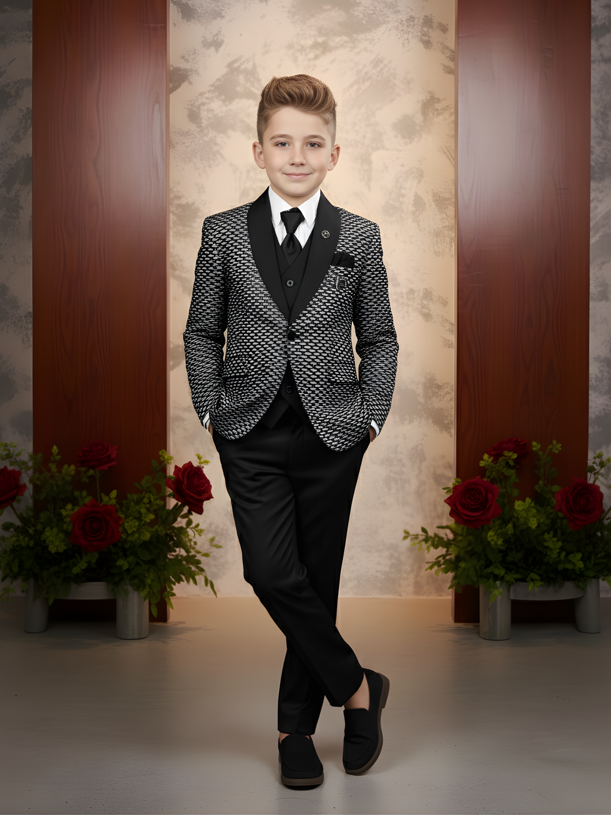 Boys' Black Tuxedo Suit with Silver Embroidered Shoulder and Bow Tie