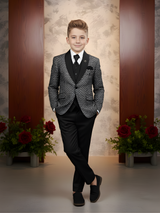 Boys' Black Tuxedo Suit with Silver Embroidered Shoulder and Bow Tie