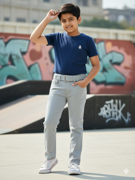 Kids Premium Light Grey Belted Jeans with Accessory