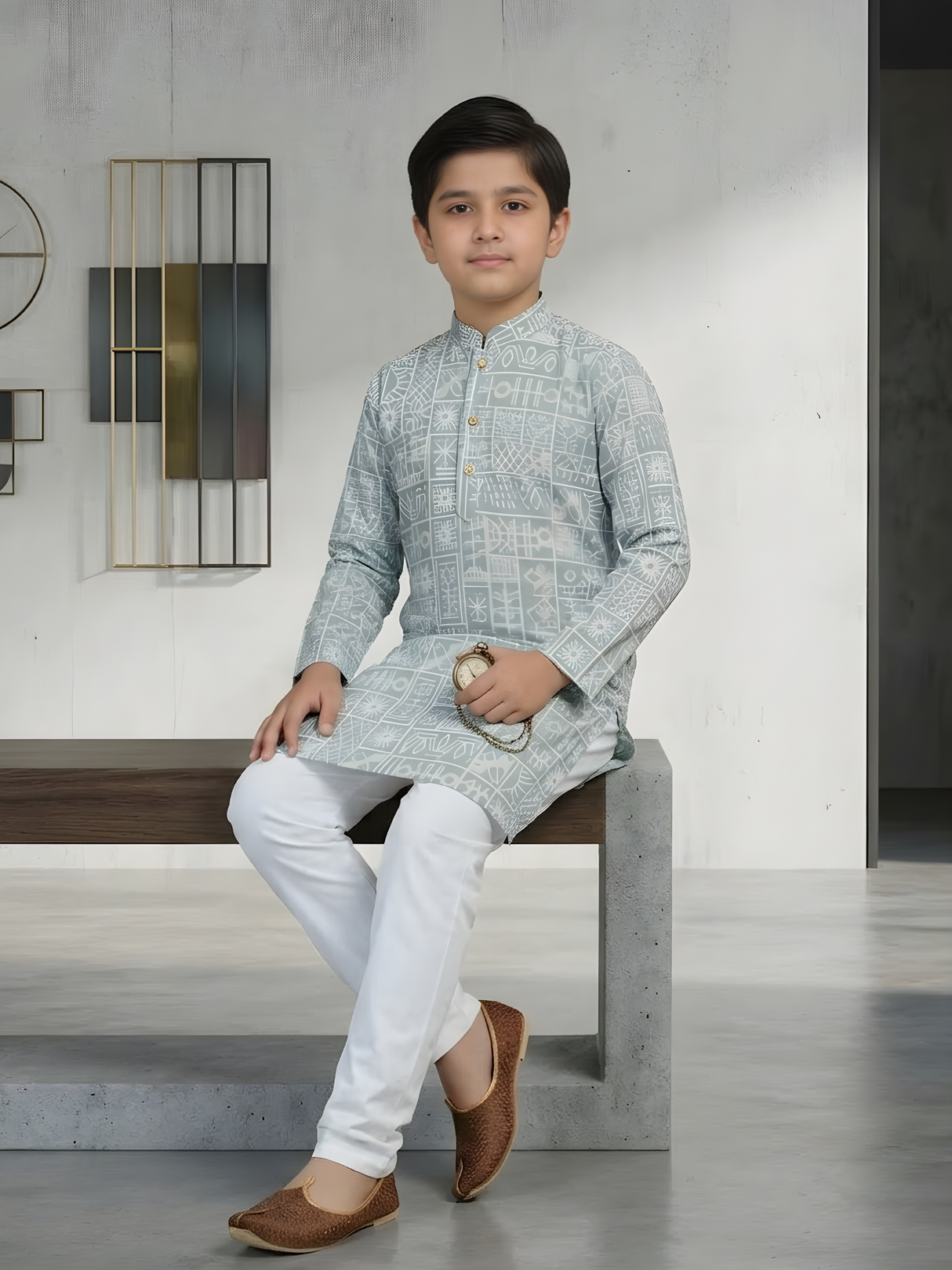 The Modern Mosaic Printed Kurta & Pajama Set (Aqua & White).