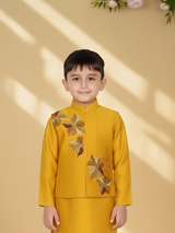 Boys' Gold/Mustard Yellow Kurta Pajama with Floral Embroidered Short Jacket