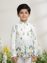 Boys' Cream Printed Bandhgala Jacket/Sherwani with Elephant Motif