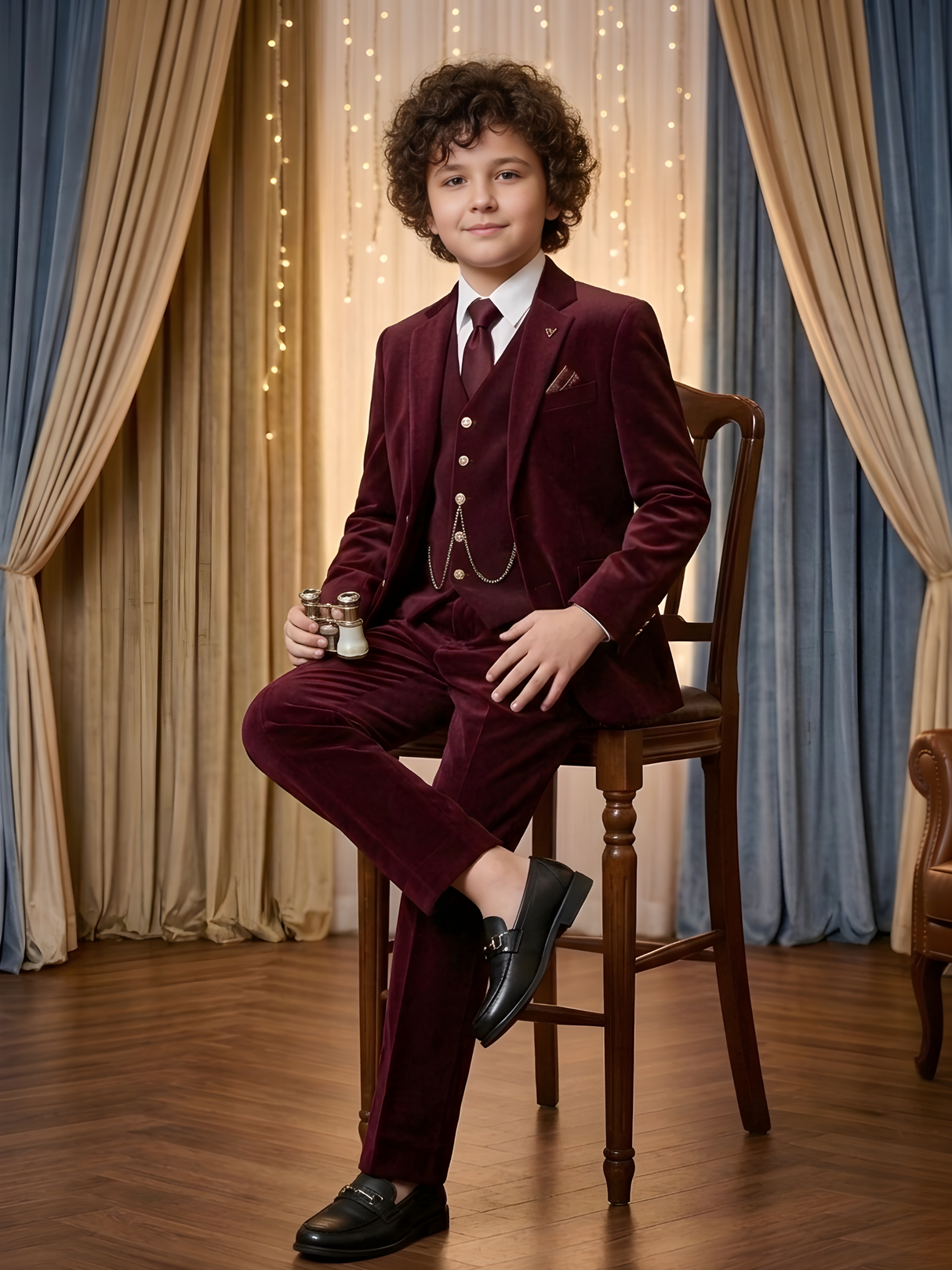 Boys' Plum/Maroon Velvet Achkan Suit with Gold Embroidered Motif