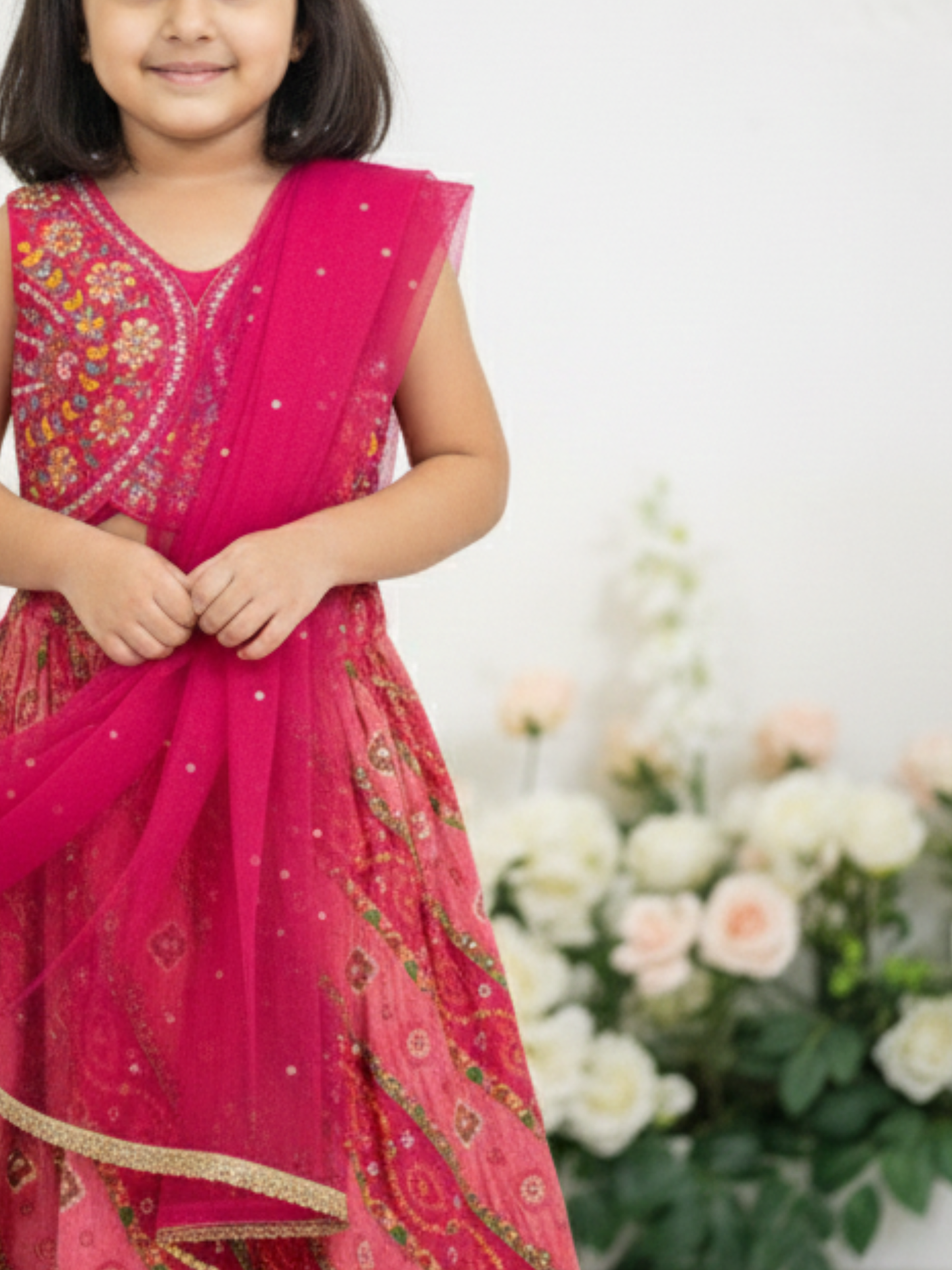 Girls' Fuchsia Pink Embroidered Kurti (Long Choli), Sharara & Dupatta Set