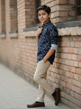Boys Navy Blue Abstract Leaf Print Casual Shirt