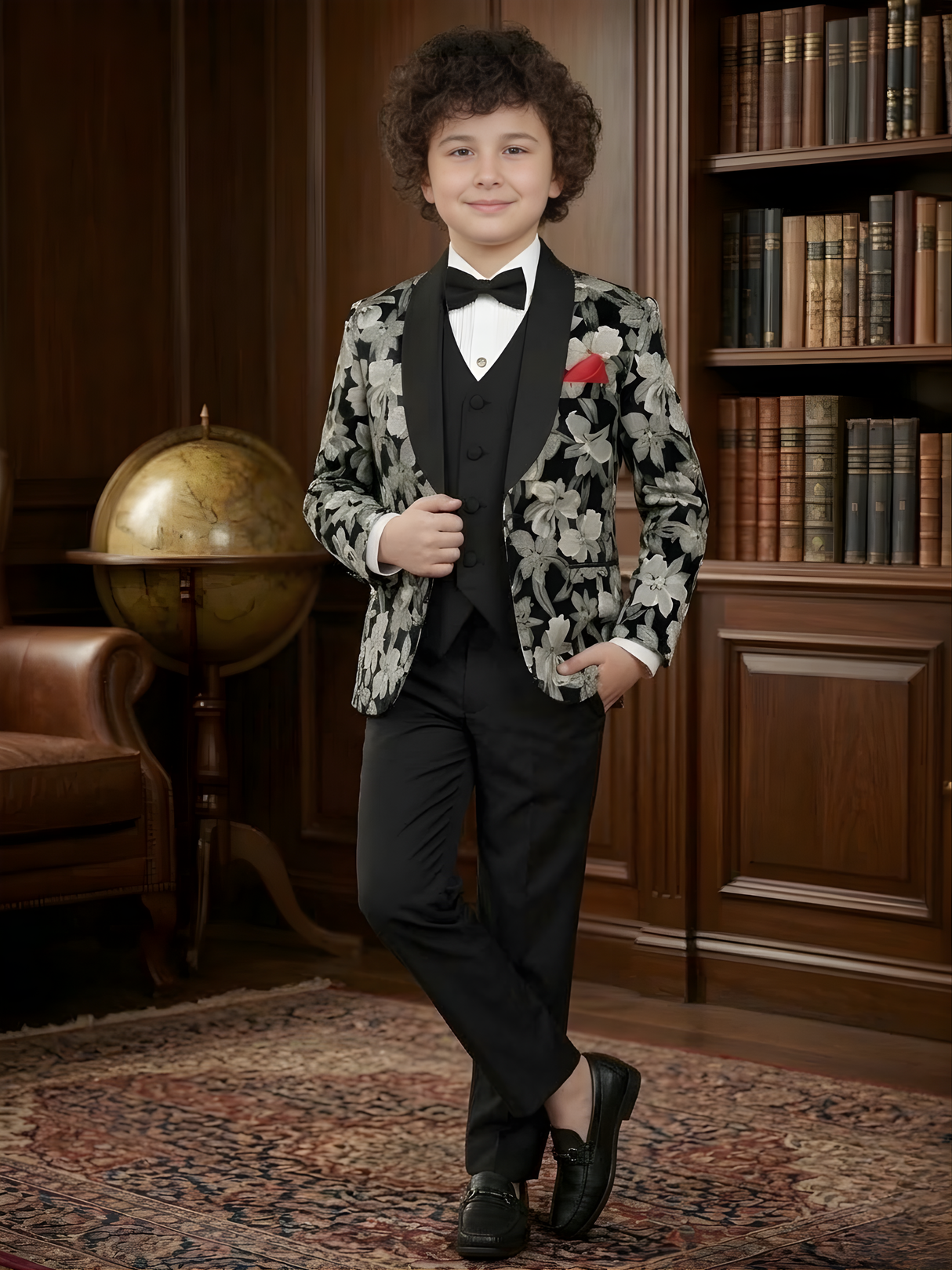 Boys' Black and Cream Floral Print Tuxedo Jacket with Waistcoat and Trousers Set