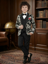 Boys' Black and Cream Floral Print Tuxedo Jacket with Waistcoat and Trousers Set