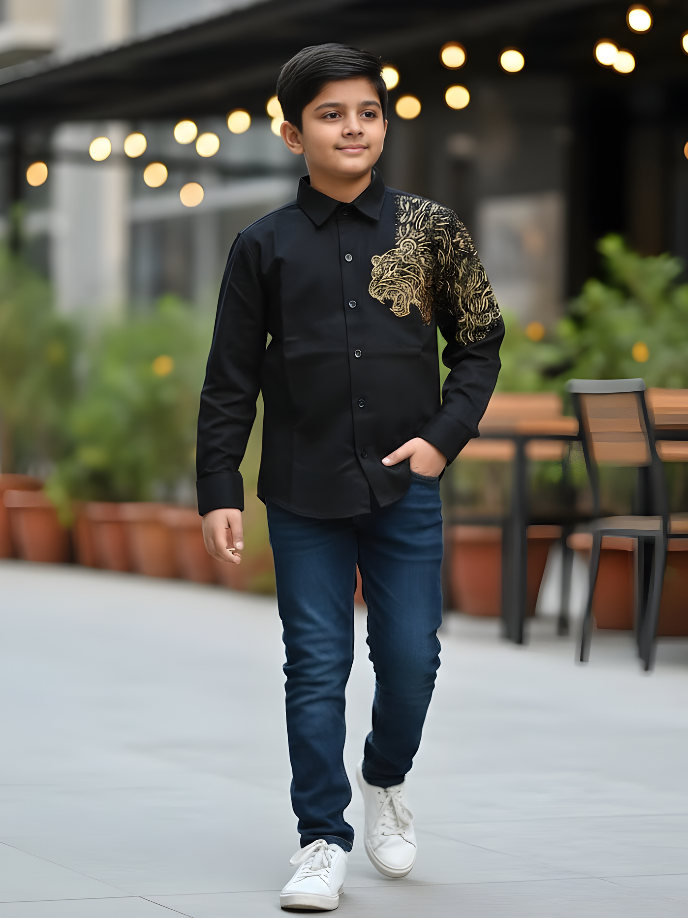 Boys Black & Gold Lion Art Party Wear Shirt