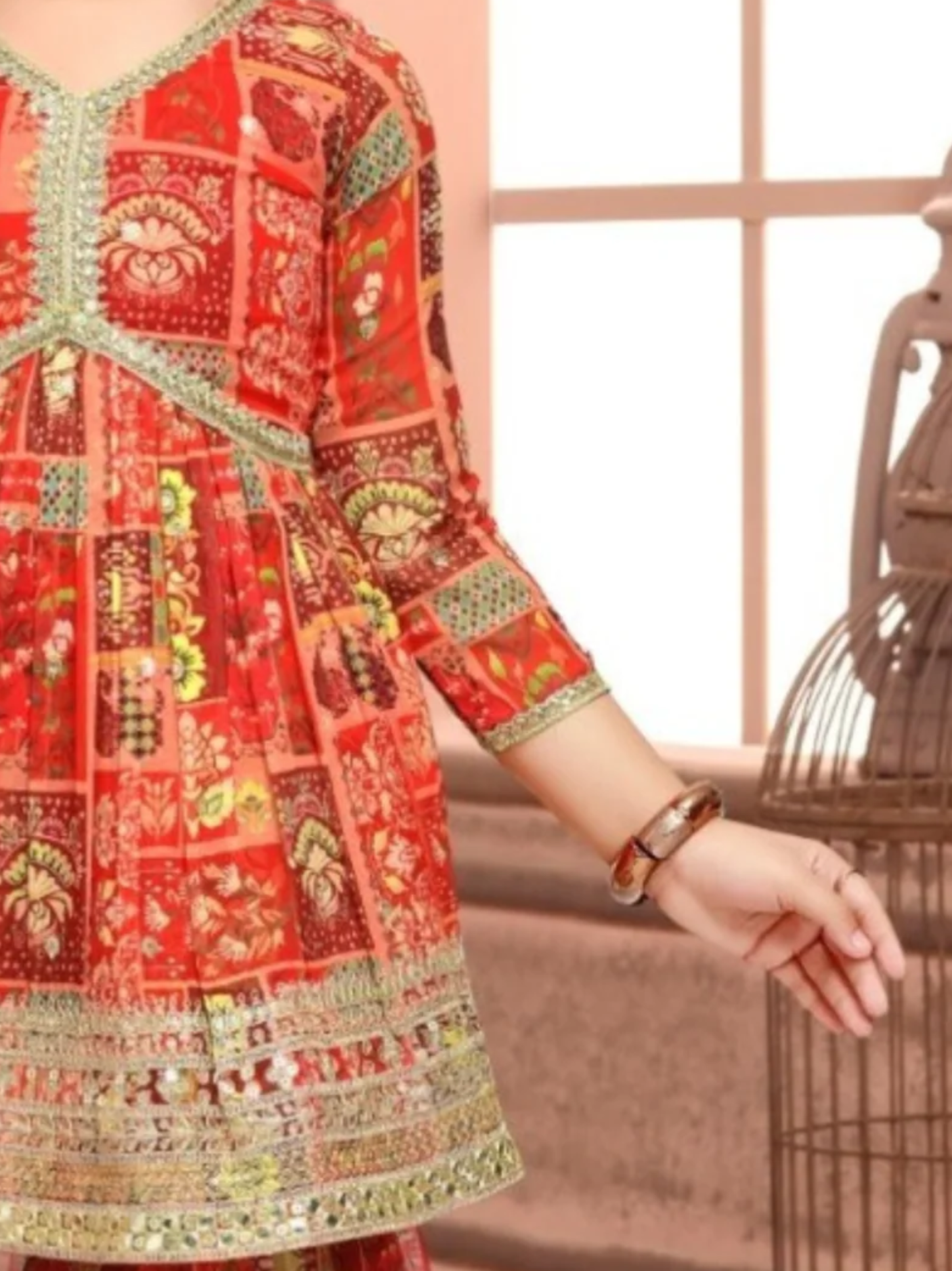 Girls' Vibrant Red Printed Sharara Suit with V-Neck Tunic & Gota Patti Trim