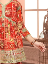 Girls' Vibrant Red Printed Sharara Suit with V-Neck Tunic & Gota Patti Trim