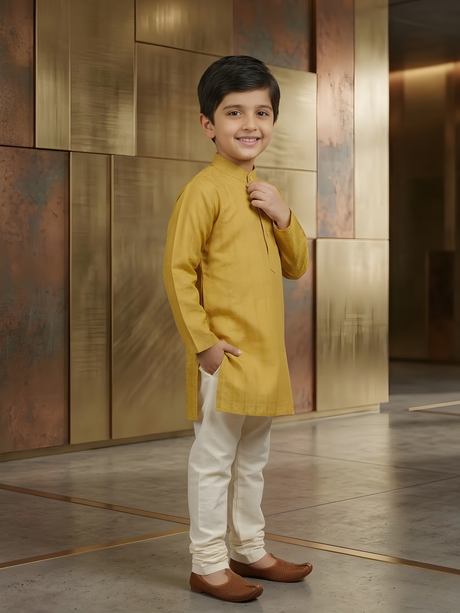 Boys' Mustard Yellow Printed Kurta Set