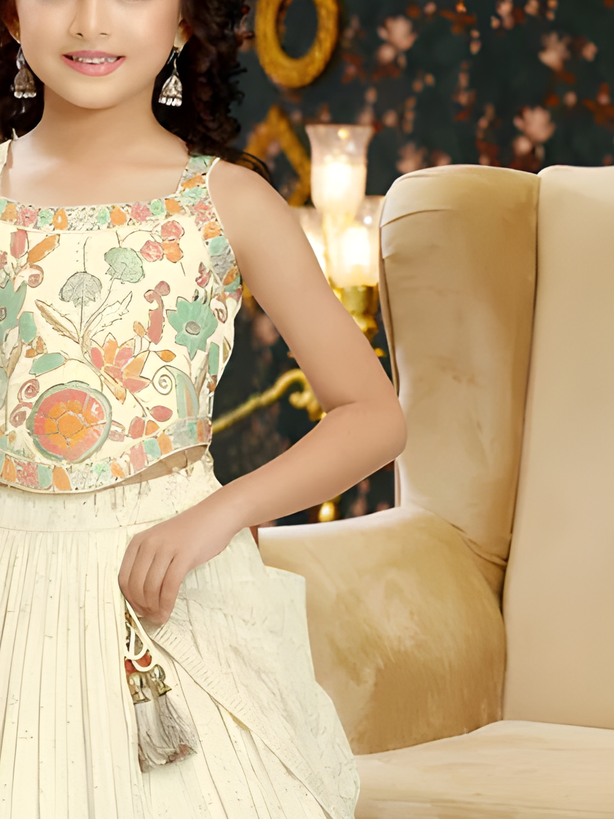 Girls' Elegant Pale Yellow Embroidered Lehenga