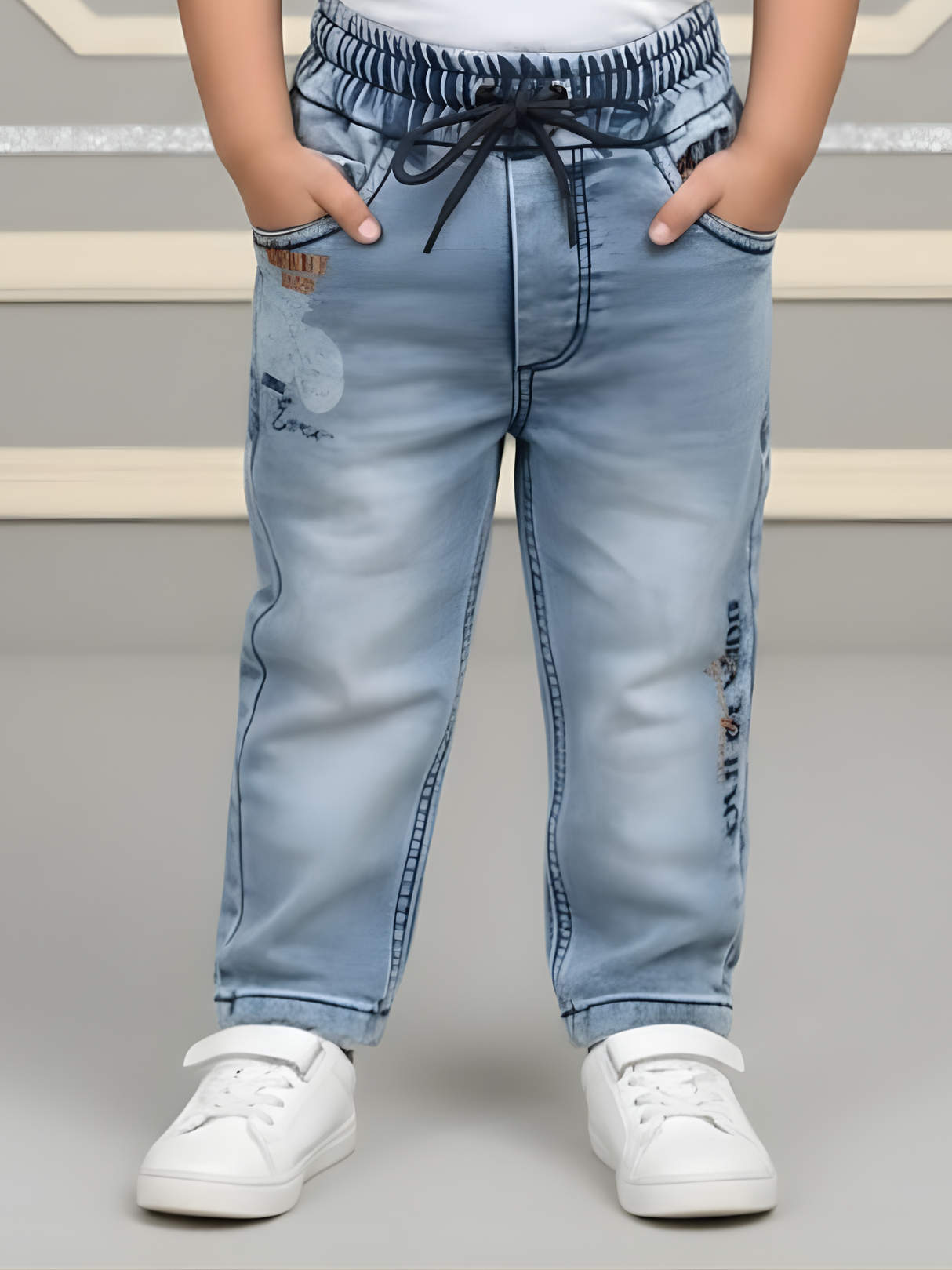 Boys Light Wash Relaxed Fit Denim Jeans with Elasticated Drawstring Waist