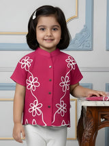 Girls Deep Pink Mandarin Collar Shirt with White Floral Embroidery