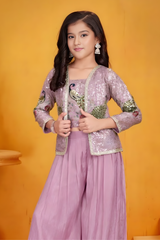 Girls' Sequin Cropped Jacket, Crop Top, and Purple Sharara Set