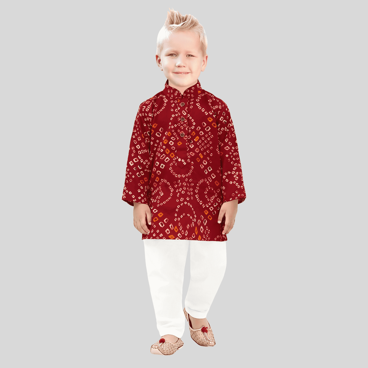 Boys Traditional Printed Chudidar Kurta Set - Maroon