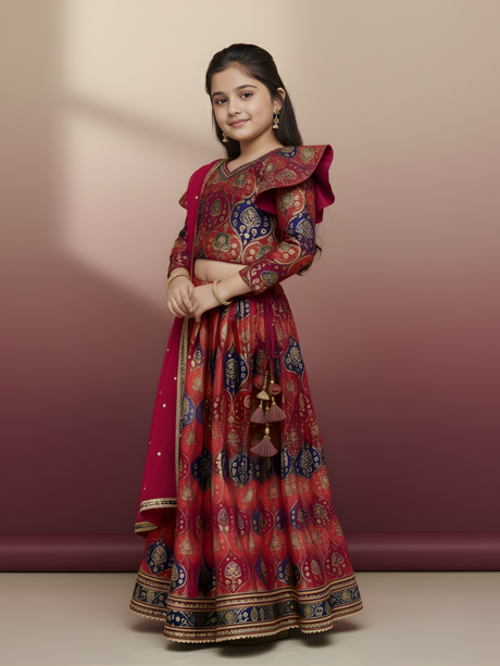 Girls' Red Brocade Embroidered Crop Top (Choli) and Lehenga Set with Dupatta