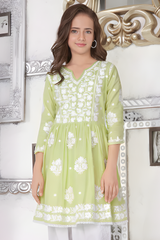 Girls' Festive Lime Green Lucknowi Style Embroidered Kurti & Dhoti Set