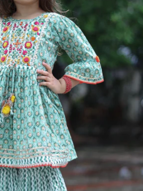 Girls Traditional 3/4th Sleeves Sharara Set - Green