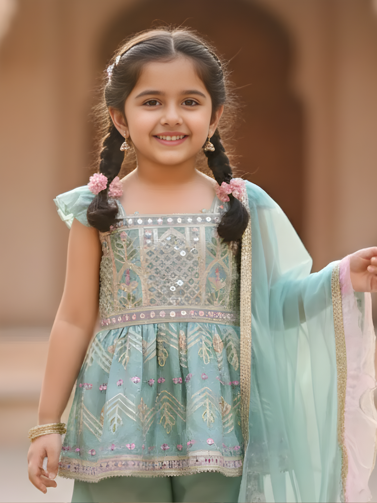 Girls Sea Green Embroidered Peplum PalazzoSet with Ruffled Dupatta