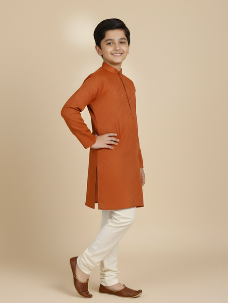 Boys Traditional Printed Chudidar Kurta Set - Orange
