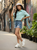 Girls Mint Green Button-Down Fashion Top with Folded Sleeves.