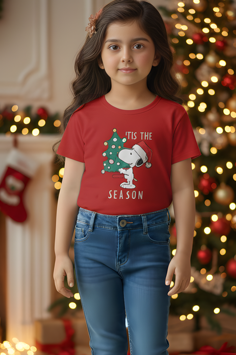 Girls' 'Tis The Season' Snoopy Christmas Graphic Print Red T-Shirt