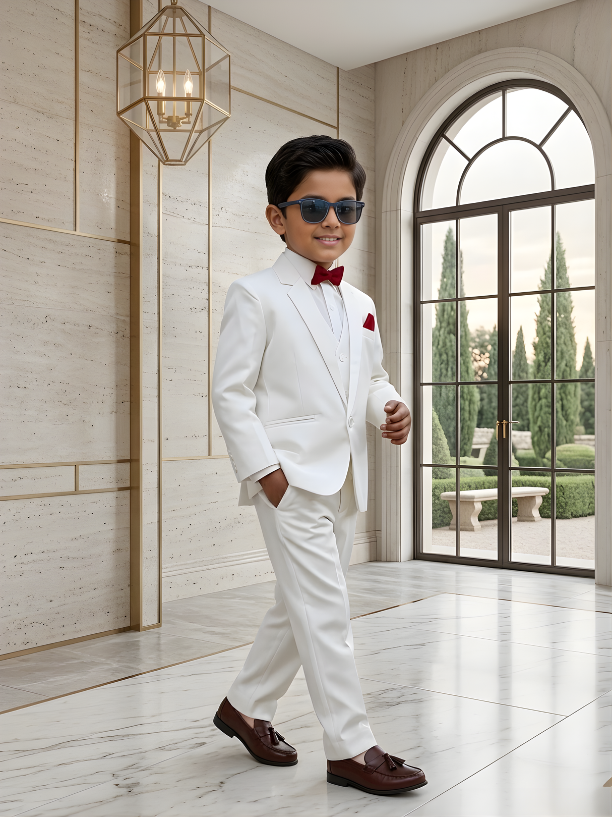 Boys' Classic White/Cream 3-Piece Suit with Maroon Accents.