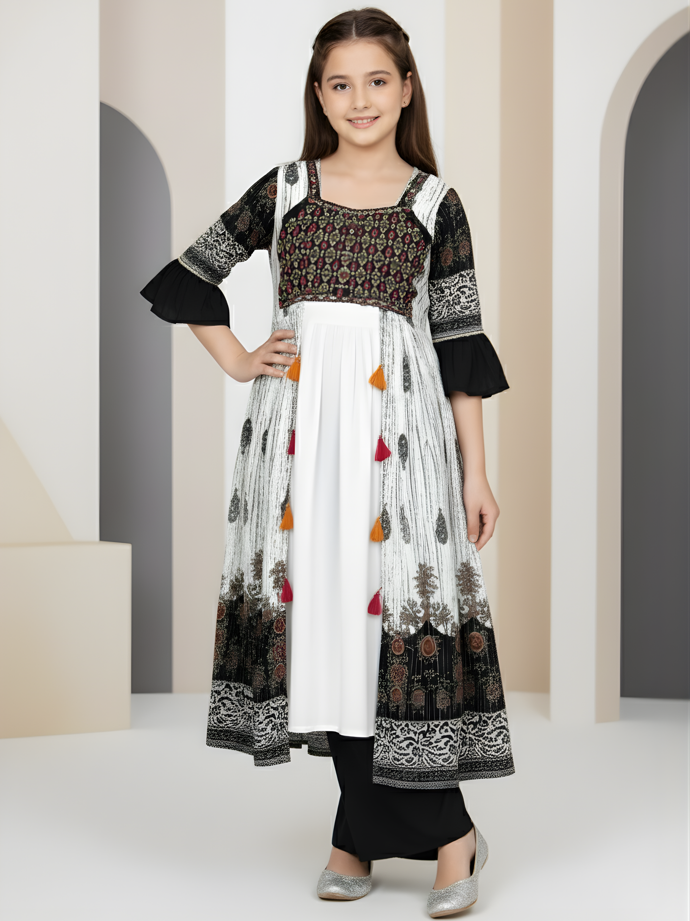 Girls' Black & White Printed Long Jacket, Crop Top and Palazzo Set - Indo-Western