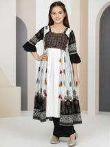 Girls' Black & White Printed Long Jacket, Crop Top and Palazzo Set - Indo-Western