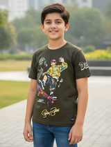 Boys' Olive Green Skater Graphic Tee with Bold Street Art Print