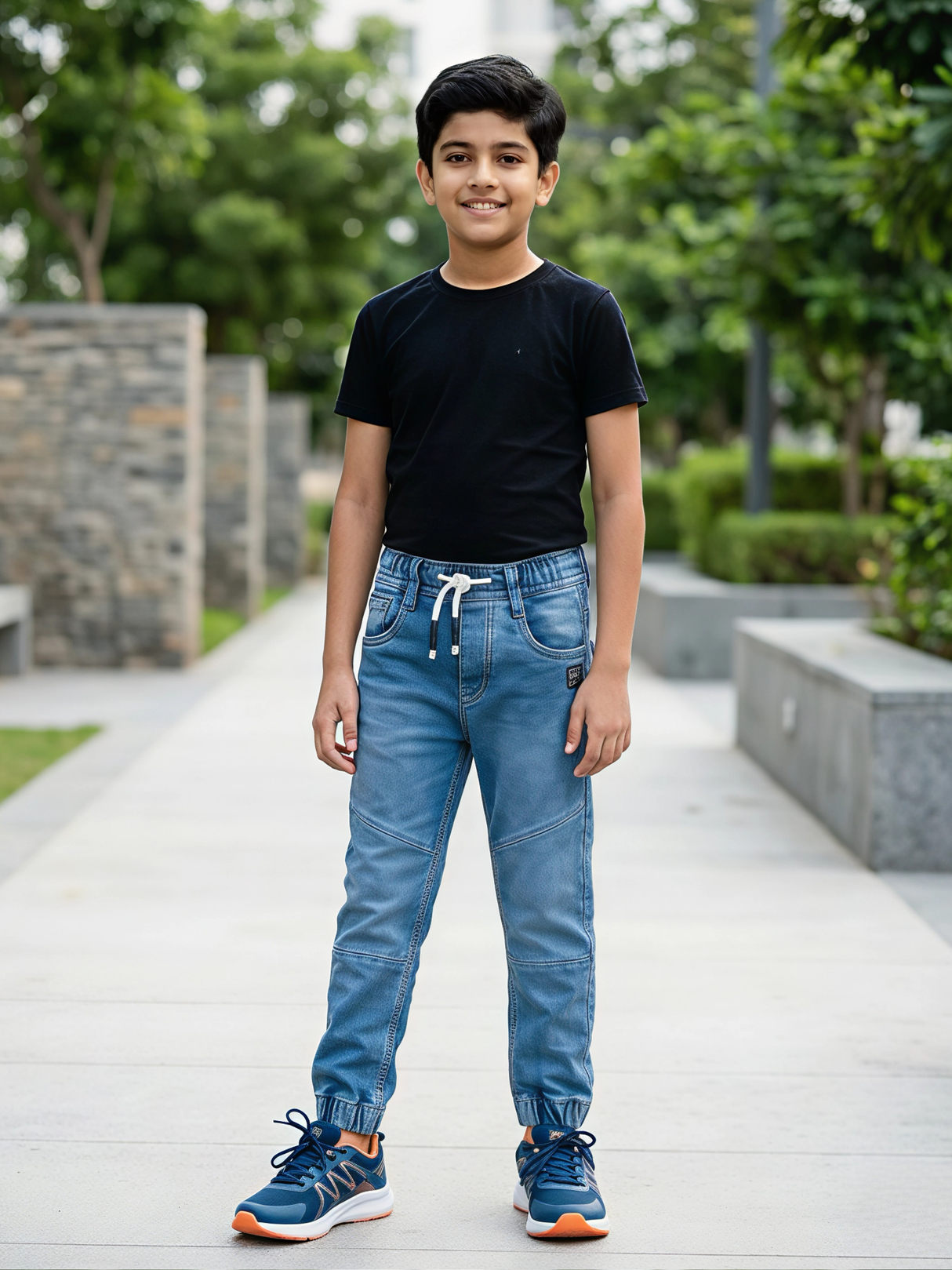 Boys' Dark Blue Melange Fleece Joggers with Neon Yellow Drawstring